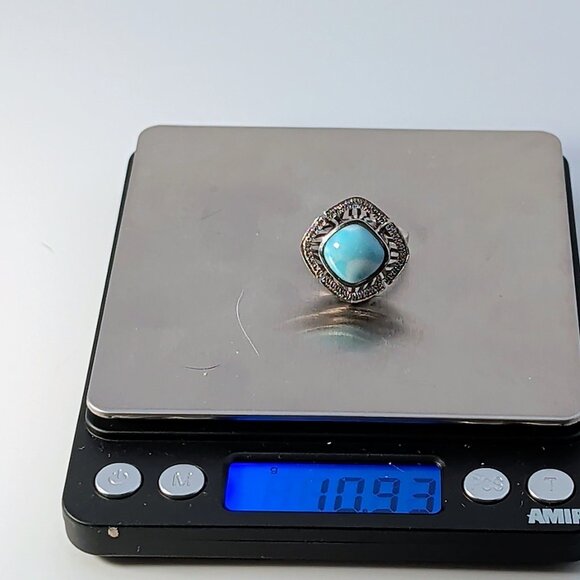 Marahlago Larimar Rhodium Plated Silver Ring Cushion-Cut Stone & Topaz - Picture 10 of 13